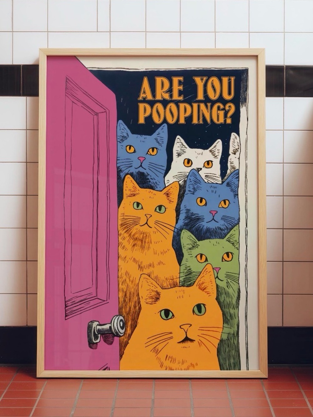 Funny Bathroom Cat Art Print - 'Are You Pooping?' Rolled Canvas